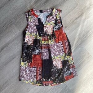 Sleeveless Patchwork Print Tank Top - Red, Black & Yellow